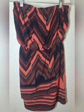 Express Coral & Navy Blue Geometric Chevron Strapless Silk-Feel Dress XS
